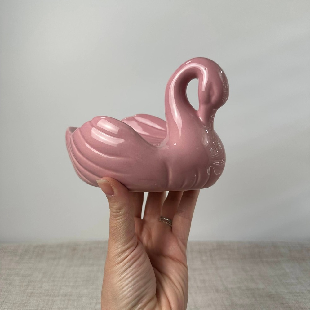 Vintage Mauve Pink Ceramic Swan Match Holder Trinket Dish MCM Decor